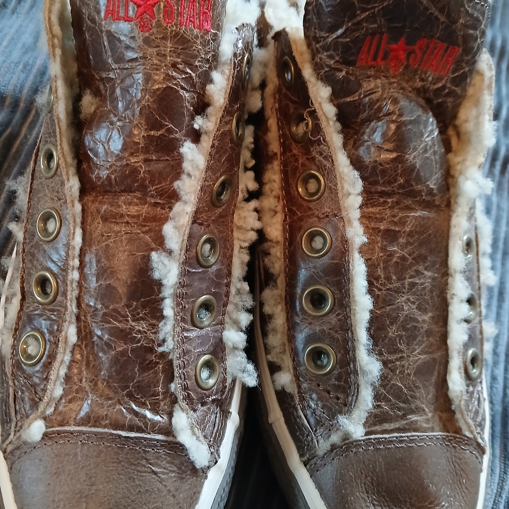 Converse Brown Leather Sneakers with White Fur Trim